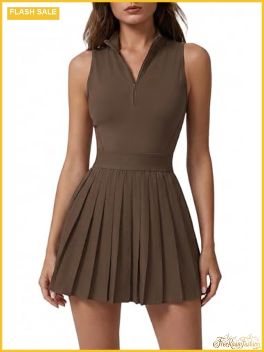 Women's Zip Front Tennis Dress High Neck Pleated Sleeveless Two Piece Golf